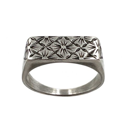 Hand Engraved Flower Grid Signet Ring