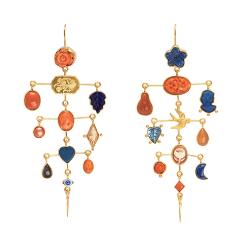 Multilayer Balance Victorian Drop Earrings, Lapis and Coral
