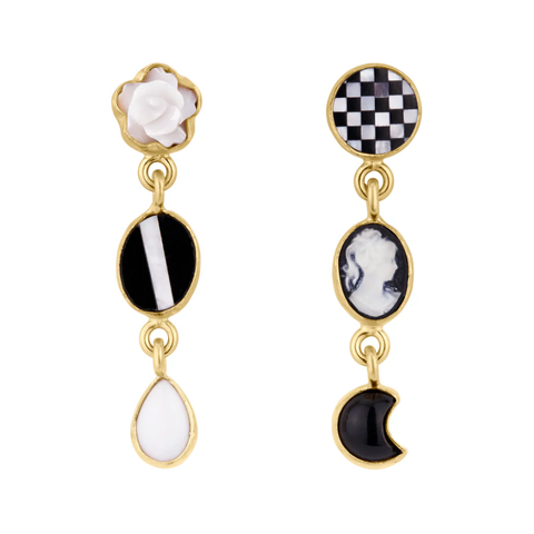 Three Charm Moving Drop Earrings, Black and White