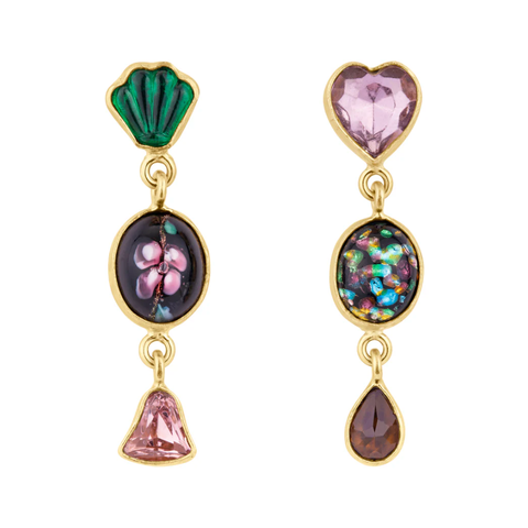 Three Charm Moving Drop Earrings, Green and Pink