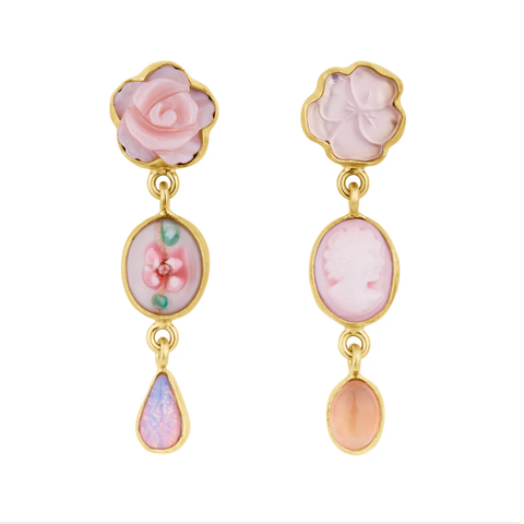 Three Charm Moving Drop Earrings, Pink