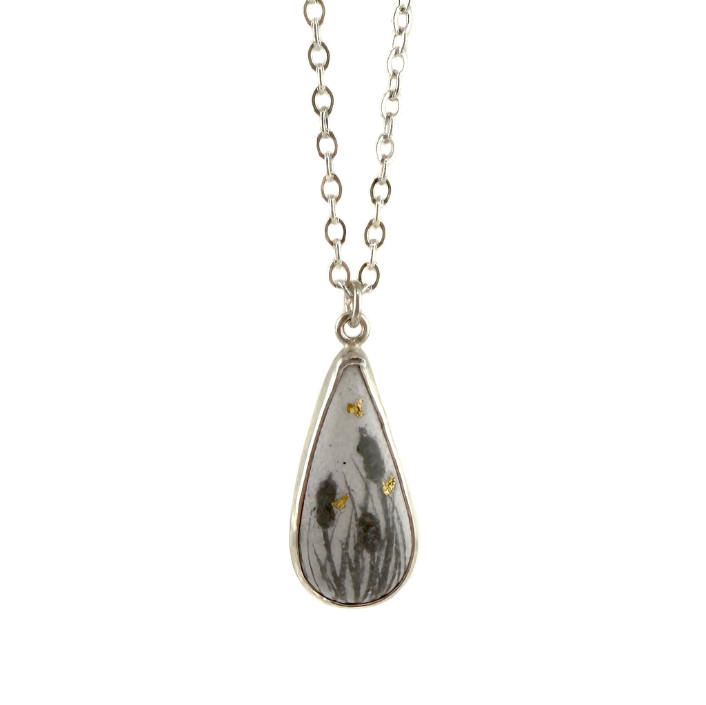 Elongated Teardrop Charm Necklace, Cattails