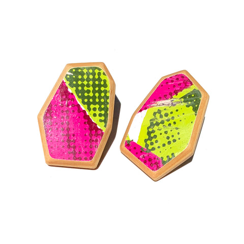 G-Flat Post Earrings, Green & Pink