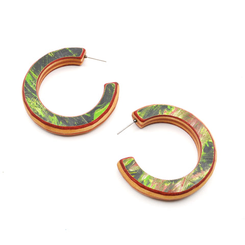 3Qtr LG Post Hoop Earrings, Green / Red