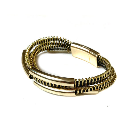 Tress & Curved Tubes Zipper Bracelet, Gold