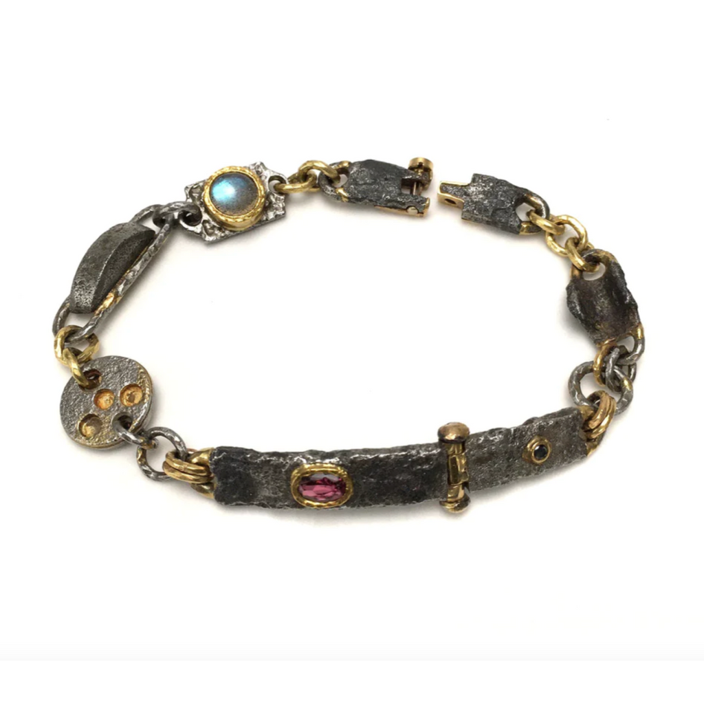 Hinged Bracelet with Steel Fragments and Gemstones