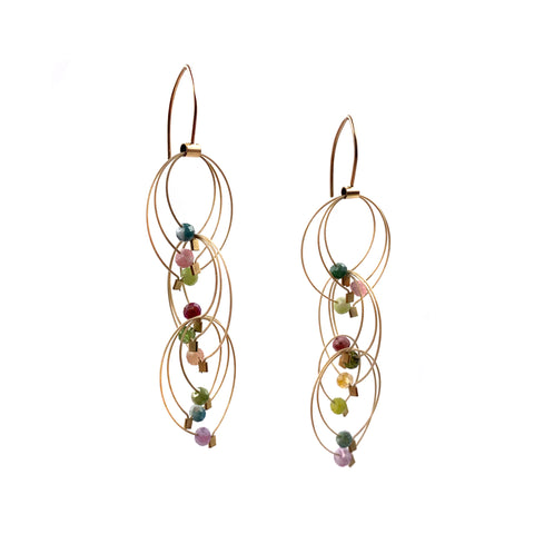 Feather Teardops Hook Earrings with Tourmalines (Mini)