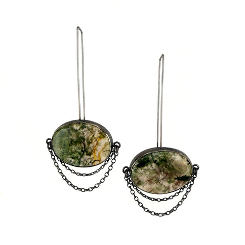 Moss Agate Chain Drape Hanger Earrings