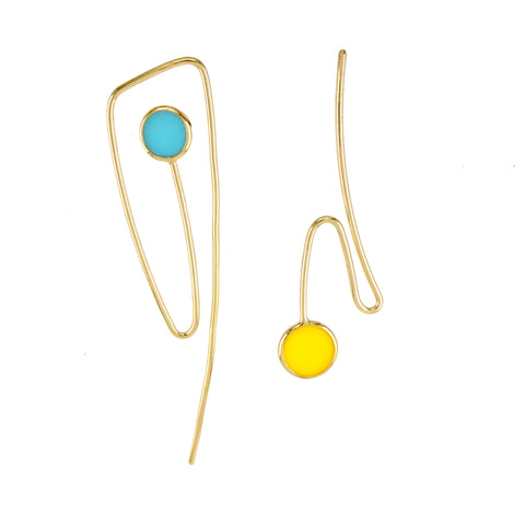 Popper Pair Earrings, Gold, Sky Blue & Yellow