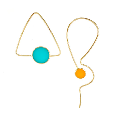 Popper Pair Earrings, Gold, Teal & Orange