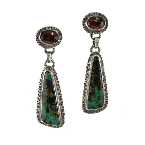 Gemstone Duo Earrings, Garnet and Petrified Wood