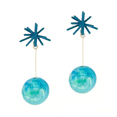 Sputnik Round Drop Earrings, Lagoon / Teal Marble