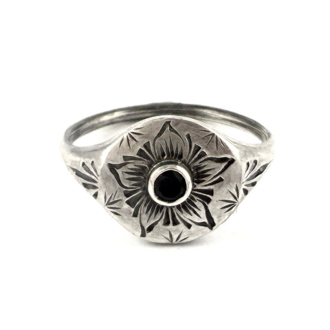 Engraved Pinwheel Flower Signet Ring, Spinel