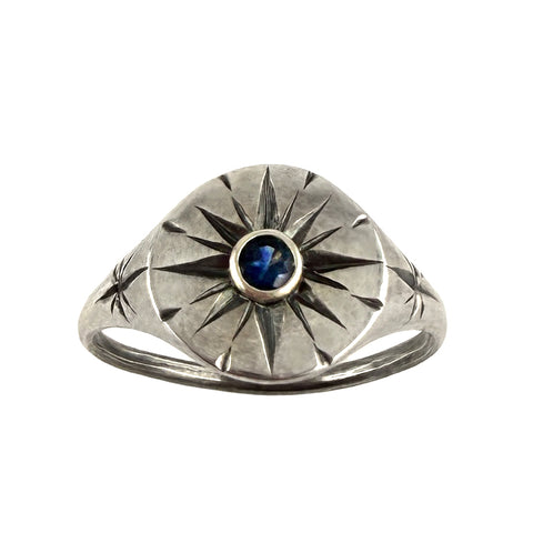 Engraved Star Signet Ring, Sapphire