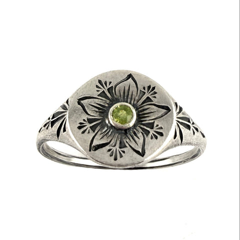 Engraved Pinwheel Flower Signet Ring, Sapphire