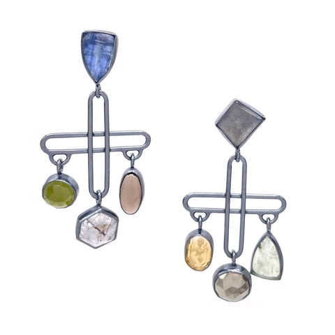 Mismatched Plus Drop Earrings, Kyanite & Quartz