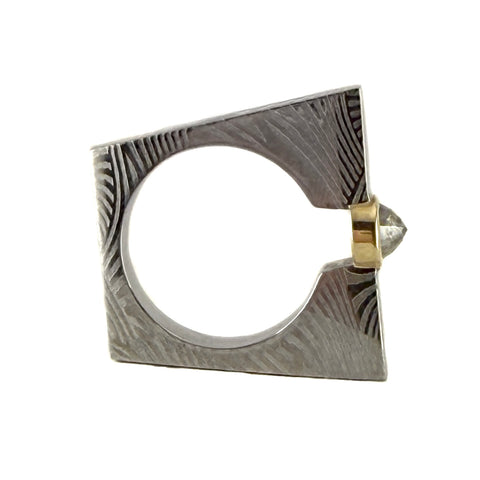 Diamond Squared Damascus Steel Ring