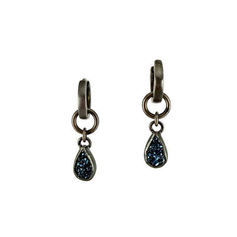 Detachable Charm Huggie Earrings, Blue Druzy