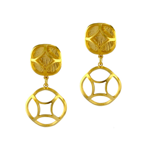 Hydrangea Puff Double Dangle Earrings, Gold