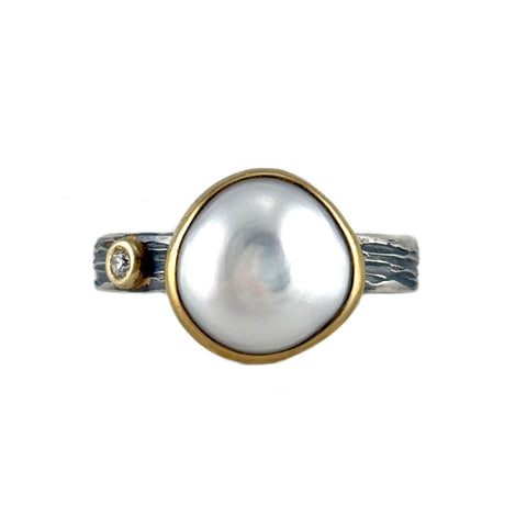 Pearl and Diamond Bark Ring