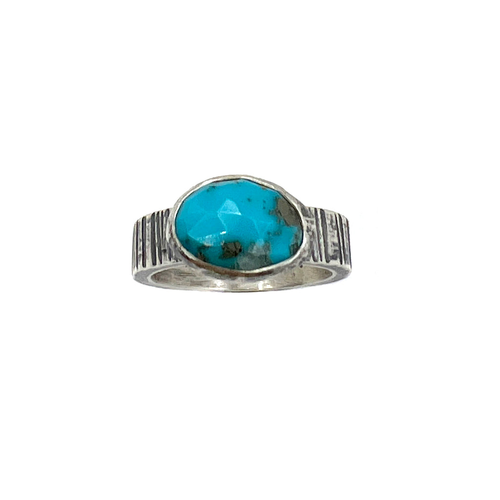 Hammered Lines Ring, Turquoise, Oval