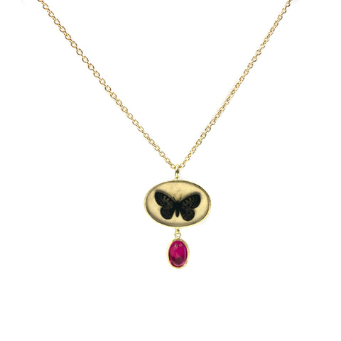 Butterfly and Ruby Droplet Necklace