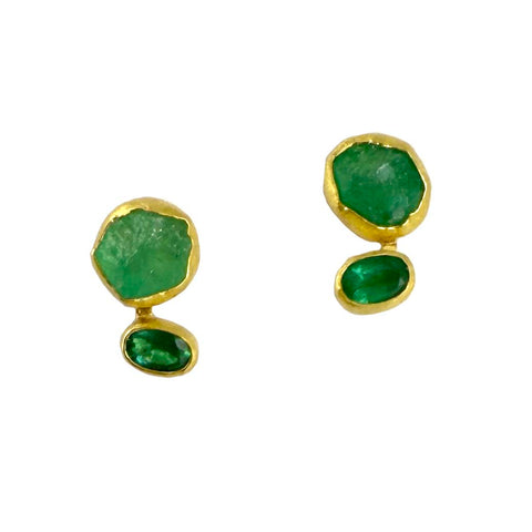 Rough Emerald and Faceted Emerald Studs