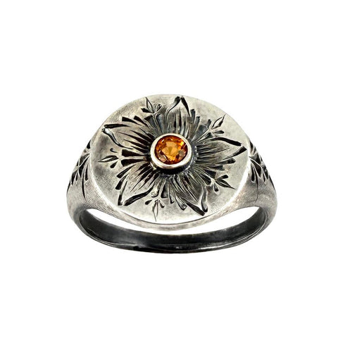 Engraved Pinwheel Flower Signet, Orange Sapphire