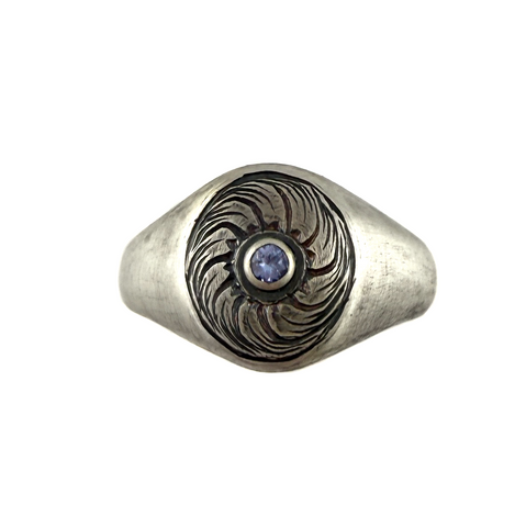 Engraved Wheat Signet Ring, Tanzanite