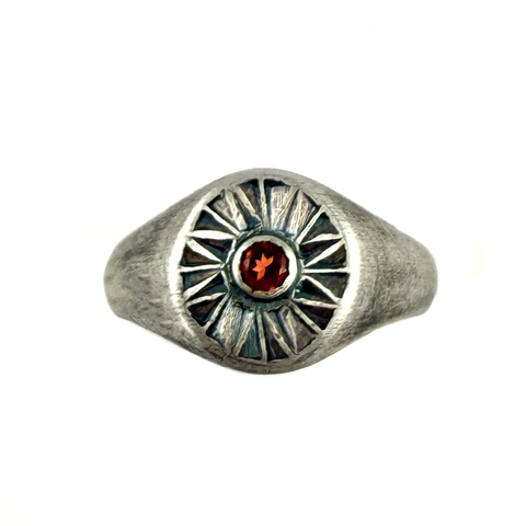 Engraved Radial Signet Ring, Garnet