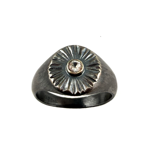Engraved Burst Signet Ring, White Topaz