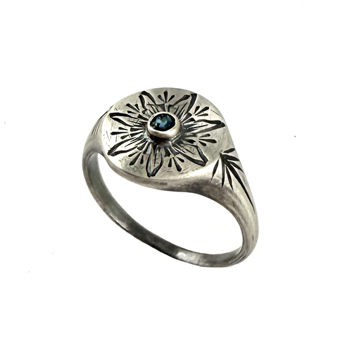 Engraved Pinwheel Flower Signet, London Blue Topaz