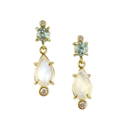 Diamond, Moonstone, Zircon Earrings