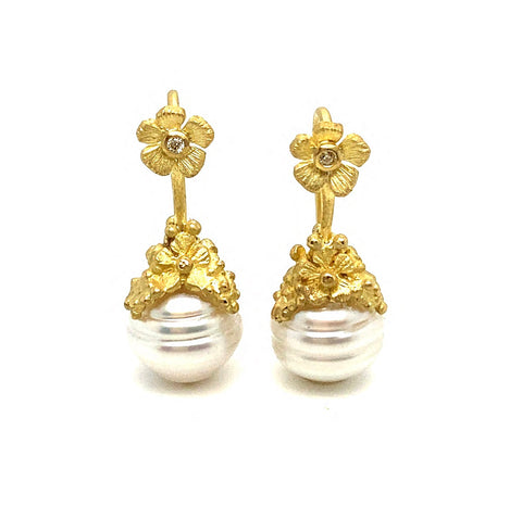 Double Floral Pearl Drop Earrings, South Sea Pearls