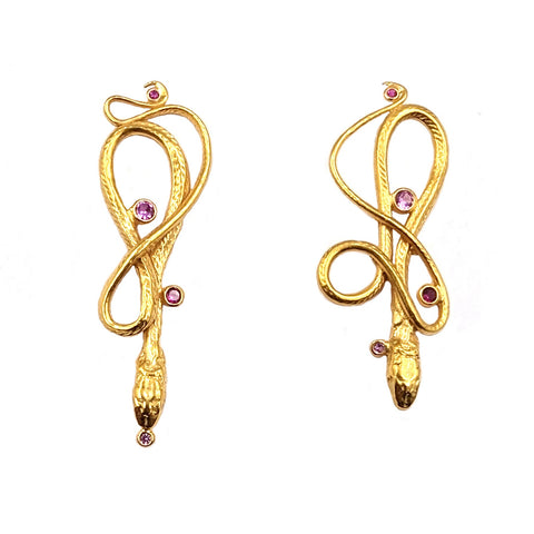 Serpentine Earrings, Medium Gold, Rubies