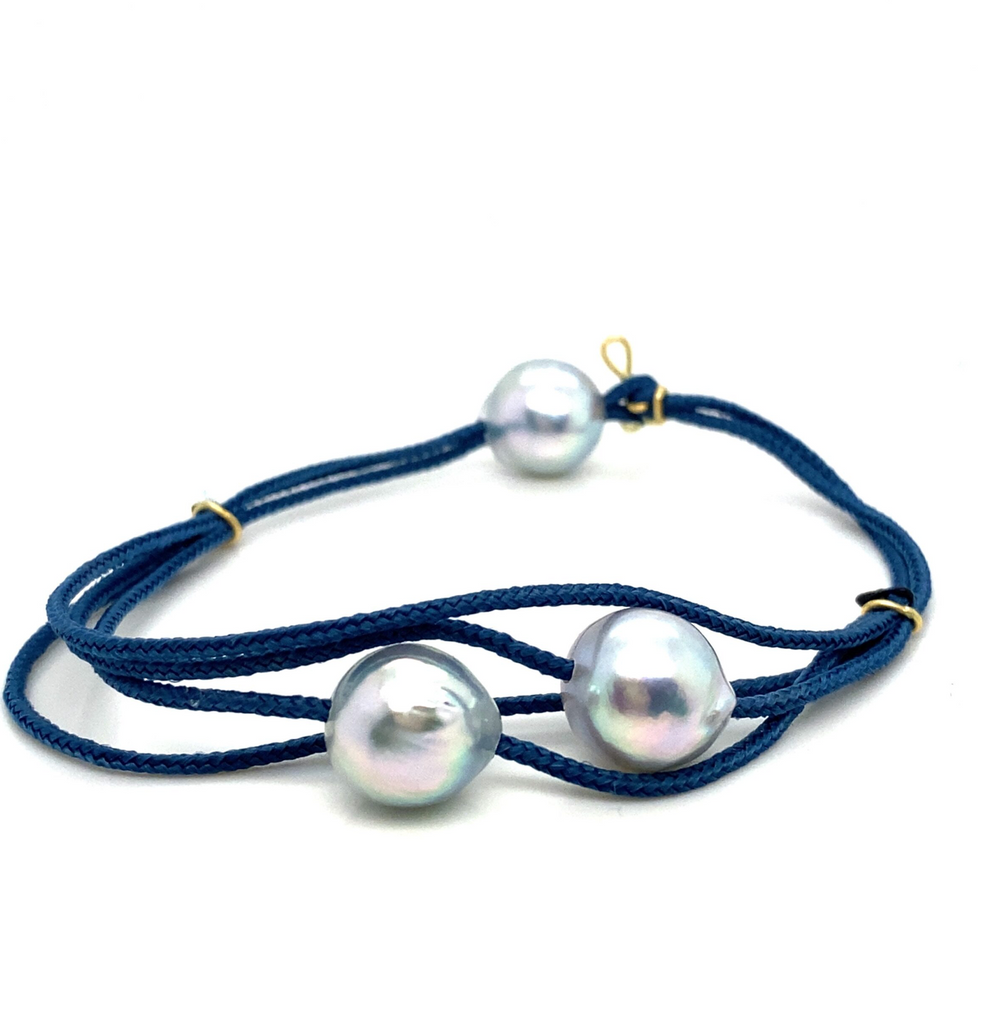 Blue Cord Bracelet, Akoya Pearl & Gold