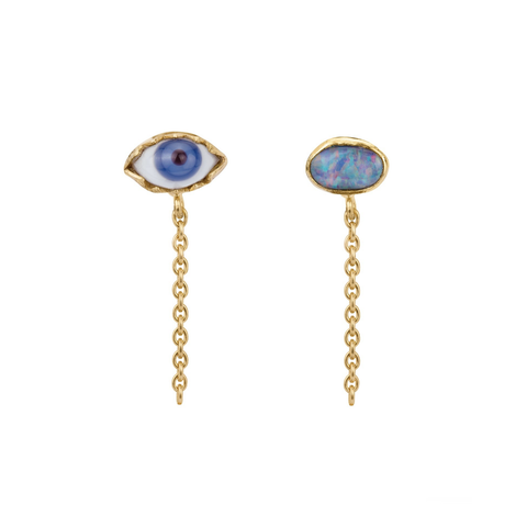 Mismatched Chain Stud Earrings, Eye and Opal