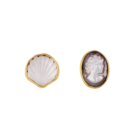 Mismatched Stud Earrings, Shell and Cameo