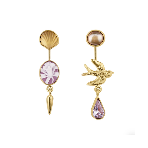 Double Detachable Victorian Drop Earrings, Yellow and Purple