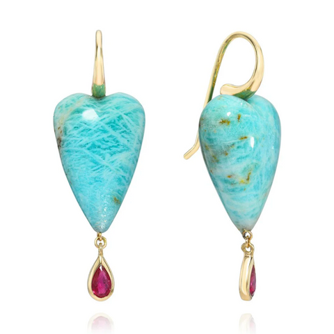 Amazonite Ruby Heart Drop Earrings