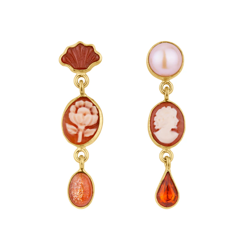 Three Charm Moving Drop Earrings, Cameo