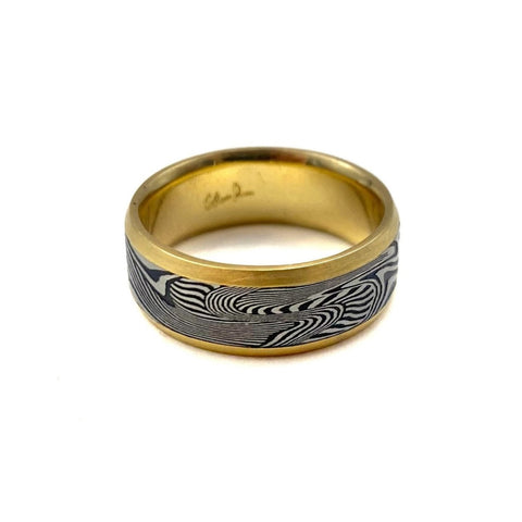 Gold & Damascus Steel Ring, Cosmic Pattern