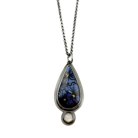 Curly Petal Hydrangea Teardrop and Moonstone Necklace