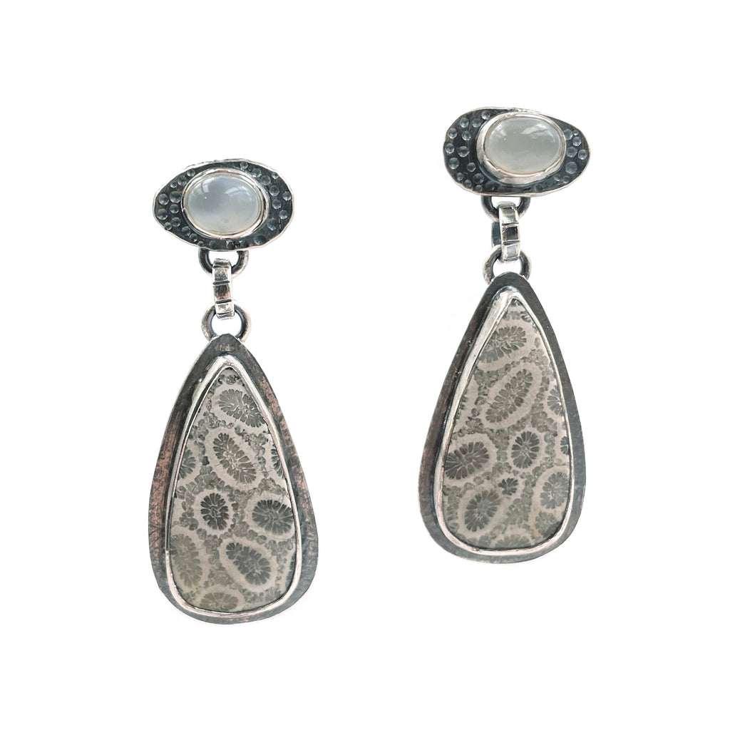Moonstone & Fossilized Coral Earrings
